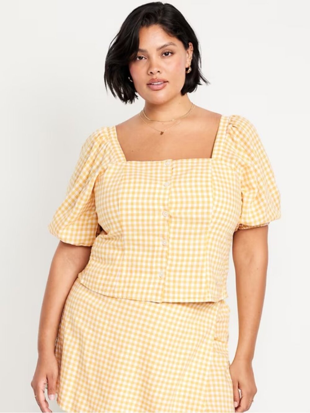 Old Navy Puff-Sleeve Linen-Blend Gingham Top Yellow XXL